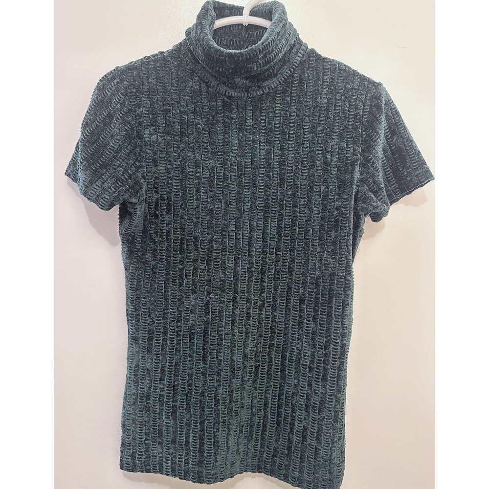 Betty Blue Green Textured Velvet Turtleneck Short Sleeve Top Size M